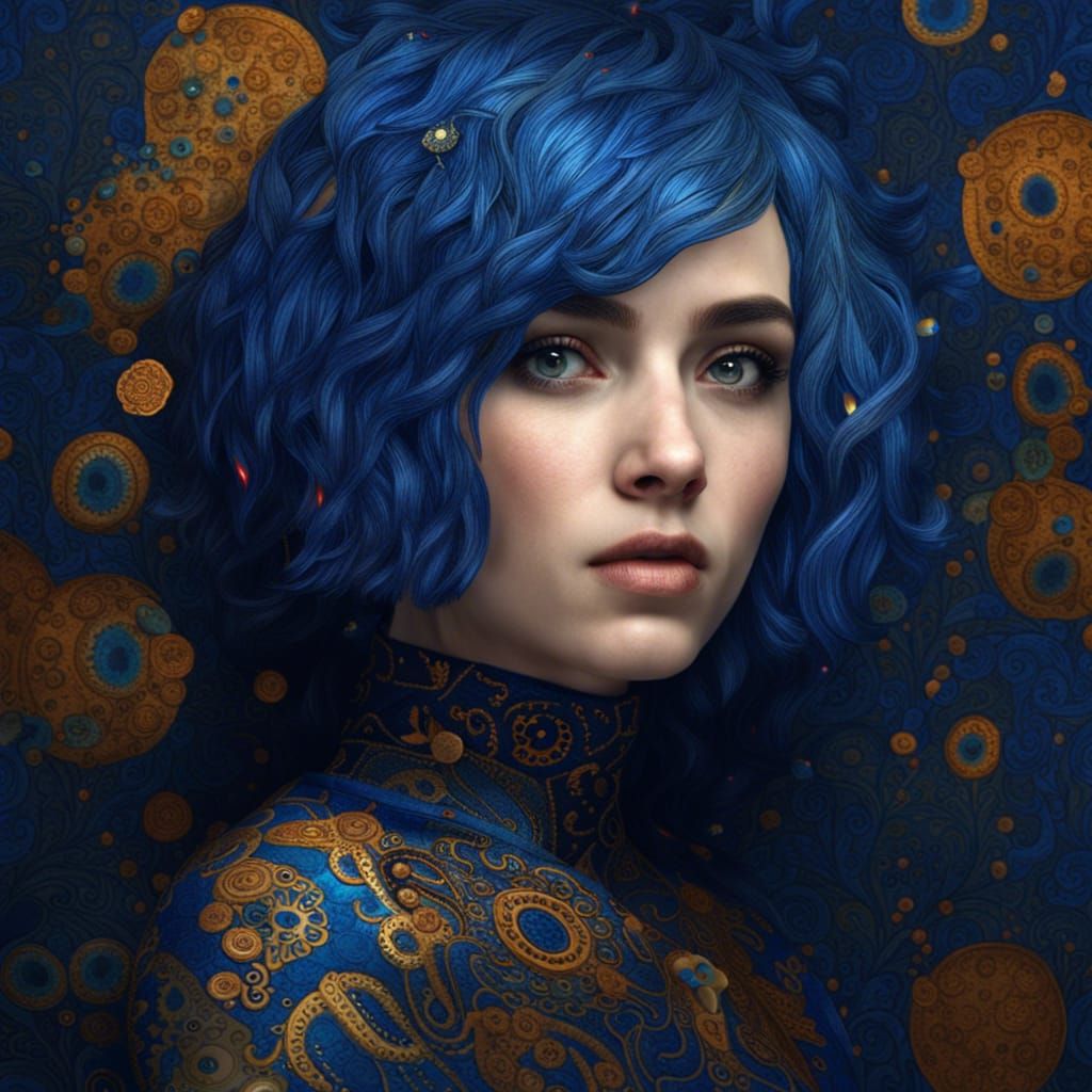 Blue-Haired Girl Portrait in Klimt-Inspired Style