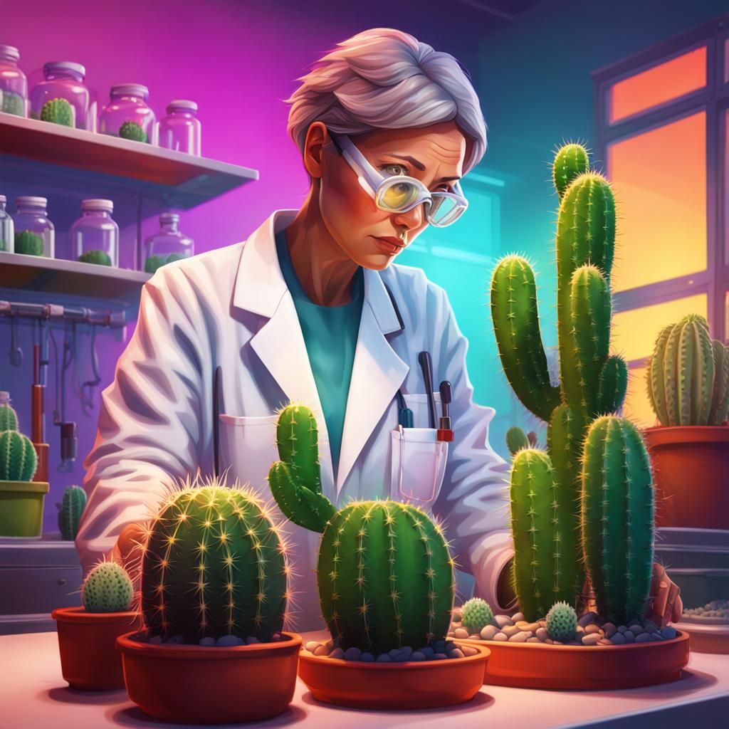 Scientist Observes Cactus in Laboratory: Photorealistic Art