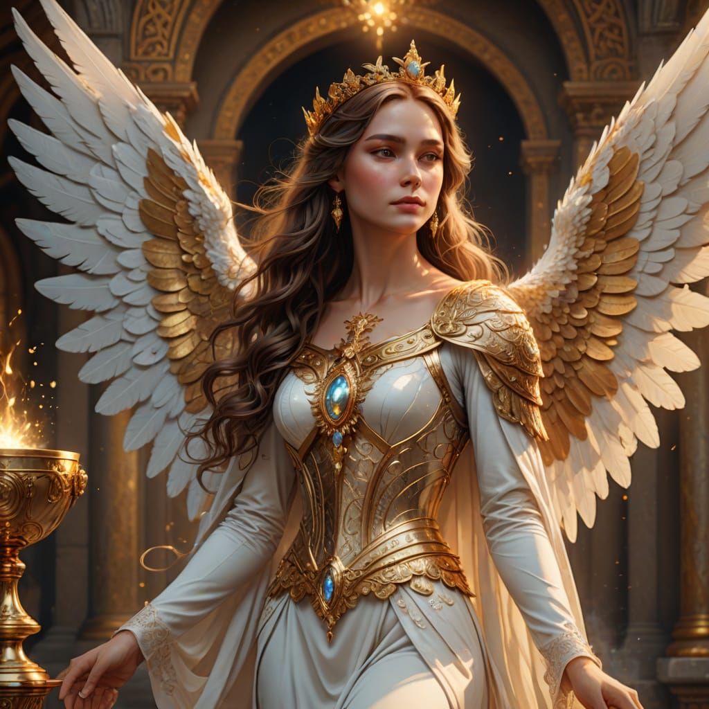 Regal Fantasy Angel with Golden Wings and Crown