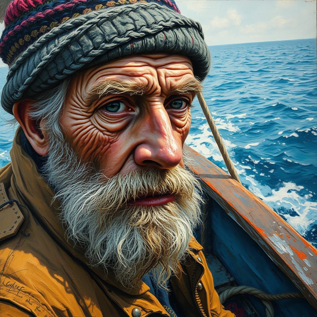 Weathered Fisherman at Sea in Expressionist Oil Painting
