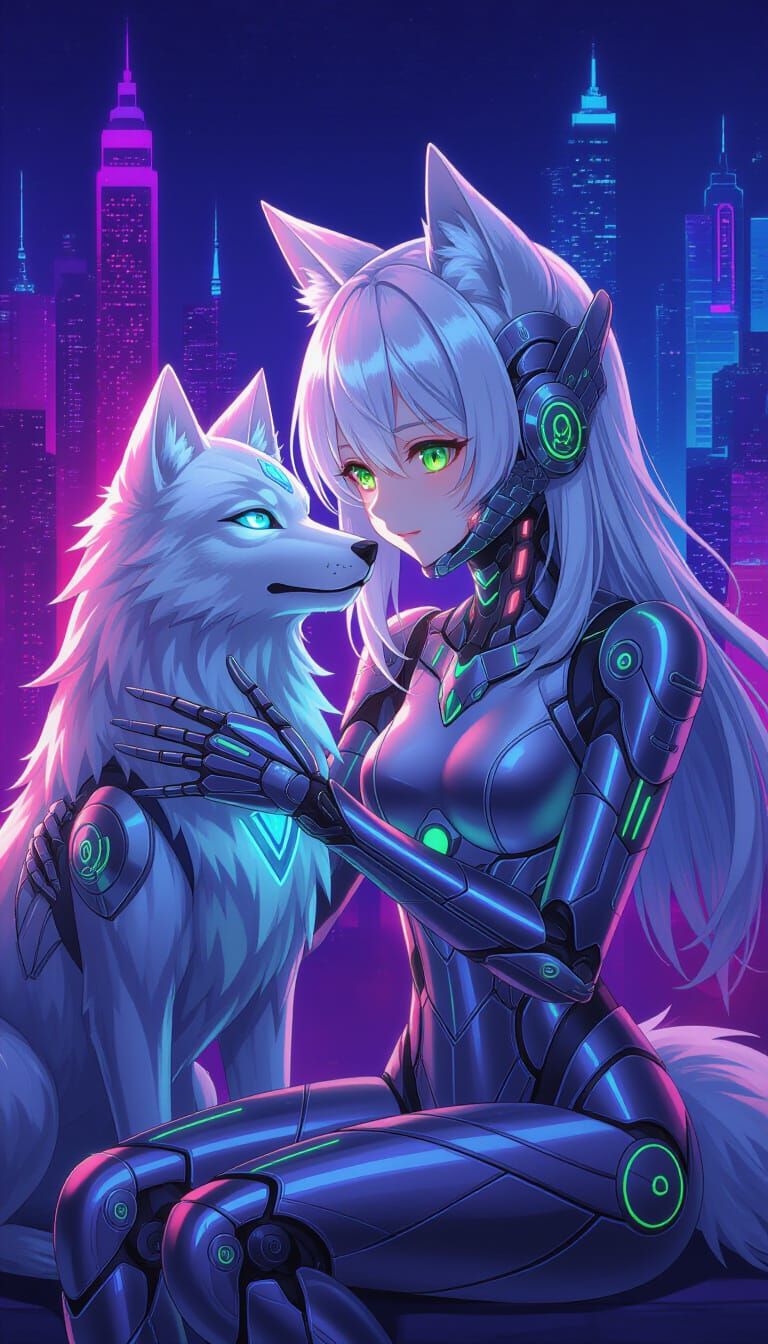 Cyborg Girl and Holographic Wolf in Neon City