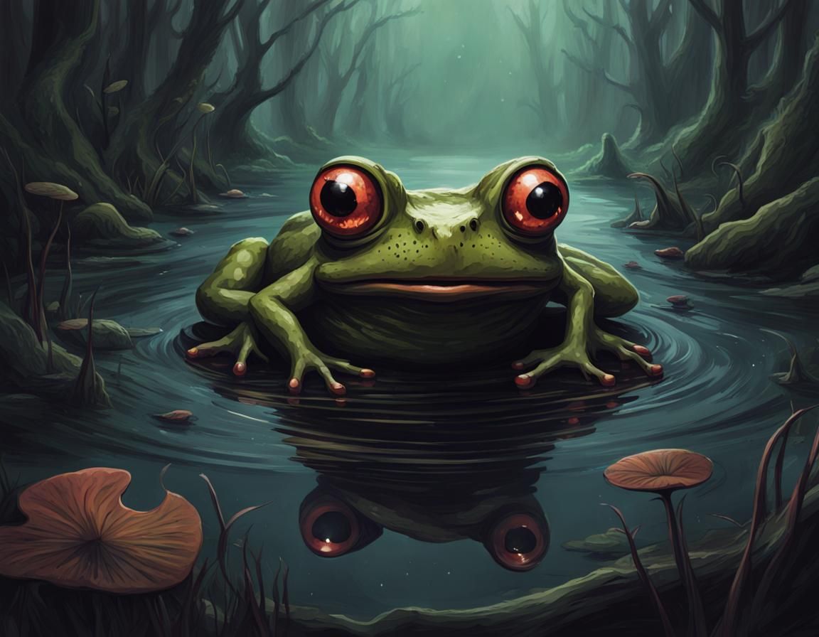 Lovecraftian Frog in Dark Swamp, in Dark Fantasy Style