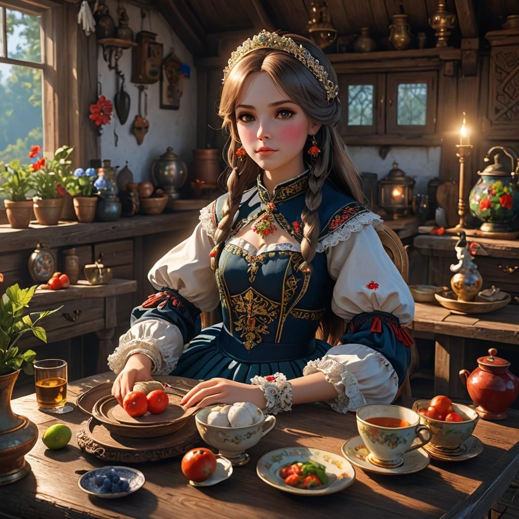 Flirty Matryoshka Doll in Cottage, 3D Anime Art