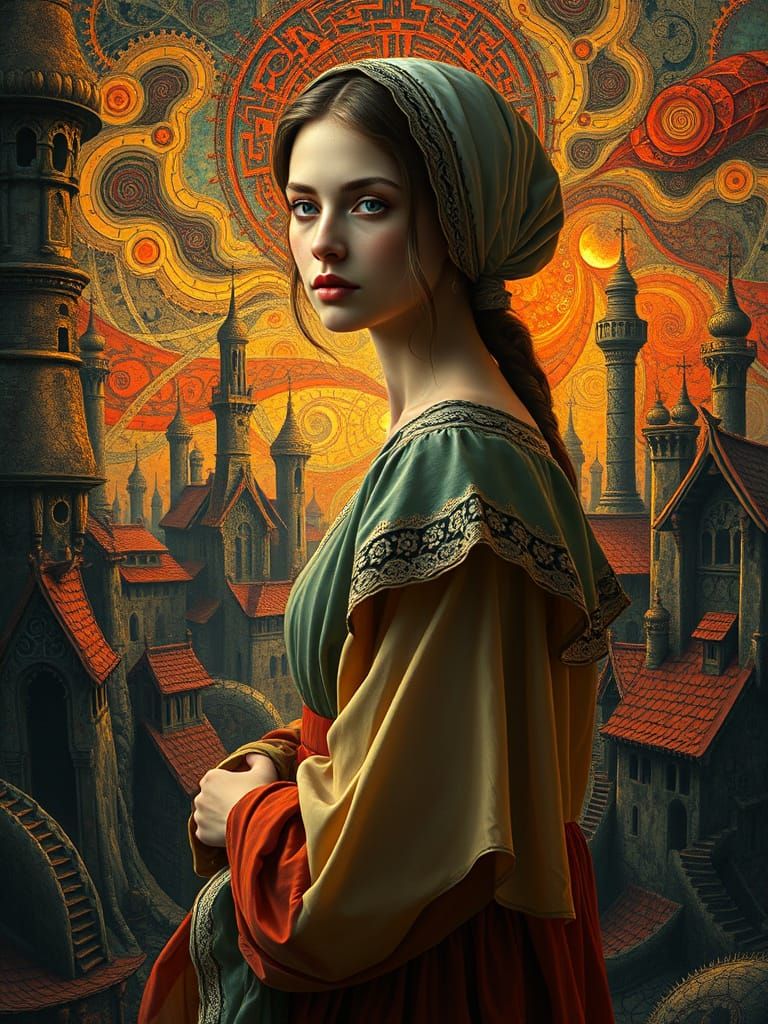 Ethereal Peasant Girl Amidst Biomechanical Village