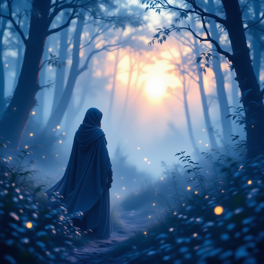 Ethereal Forest Wanderer Gazes at Distant Light