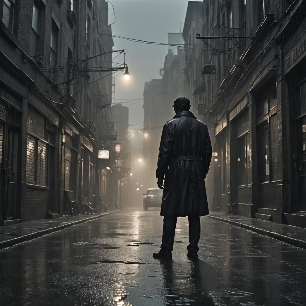 Moody Figure in Rain-soaked City: Film Noir Style