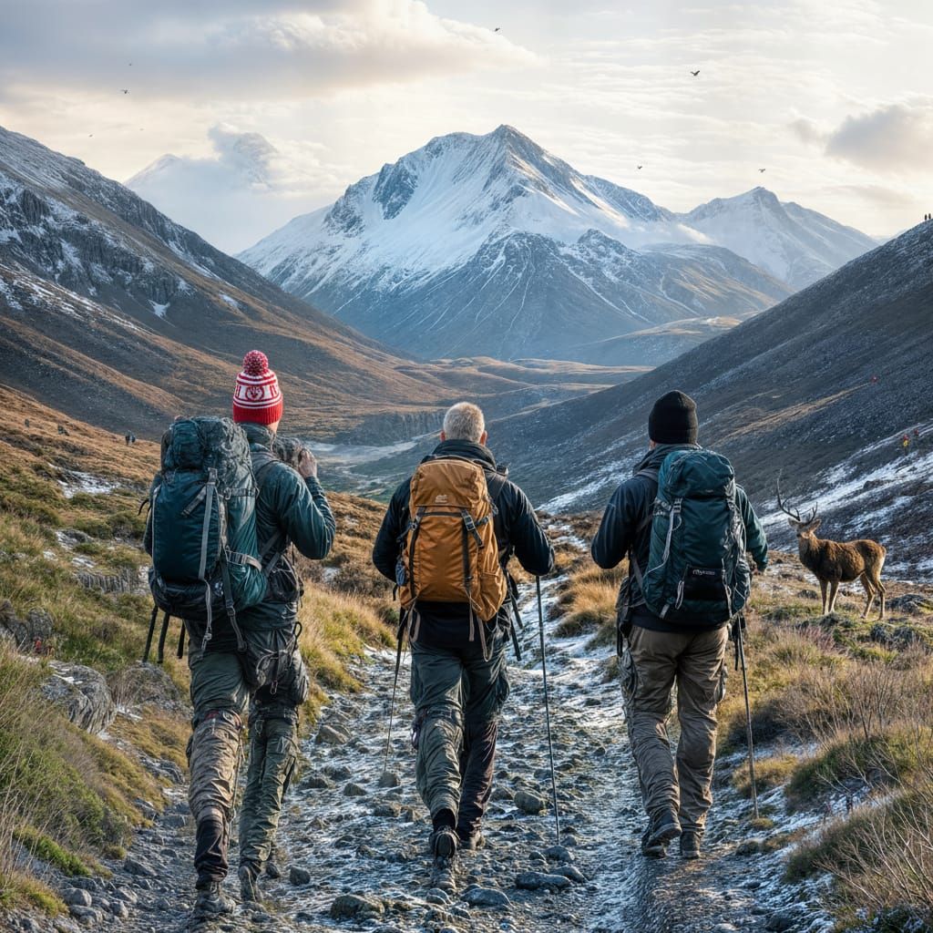 Men Ascend Scottish Mountain in Snowy Weather