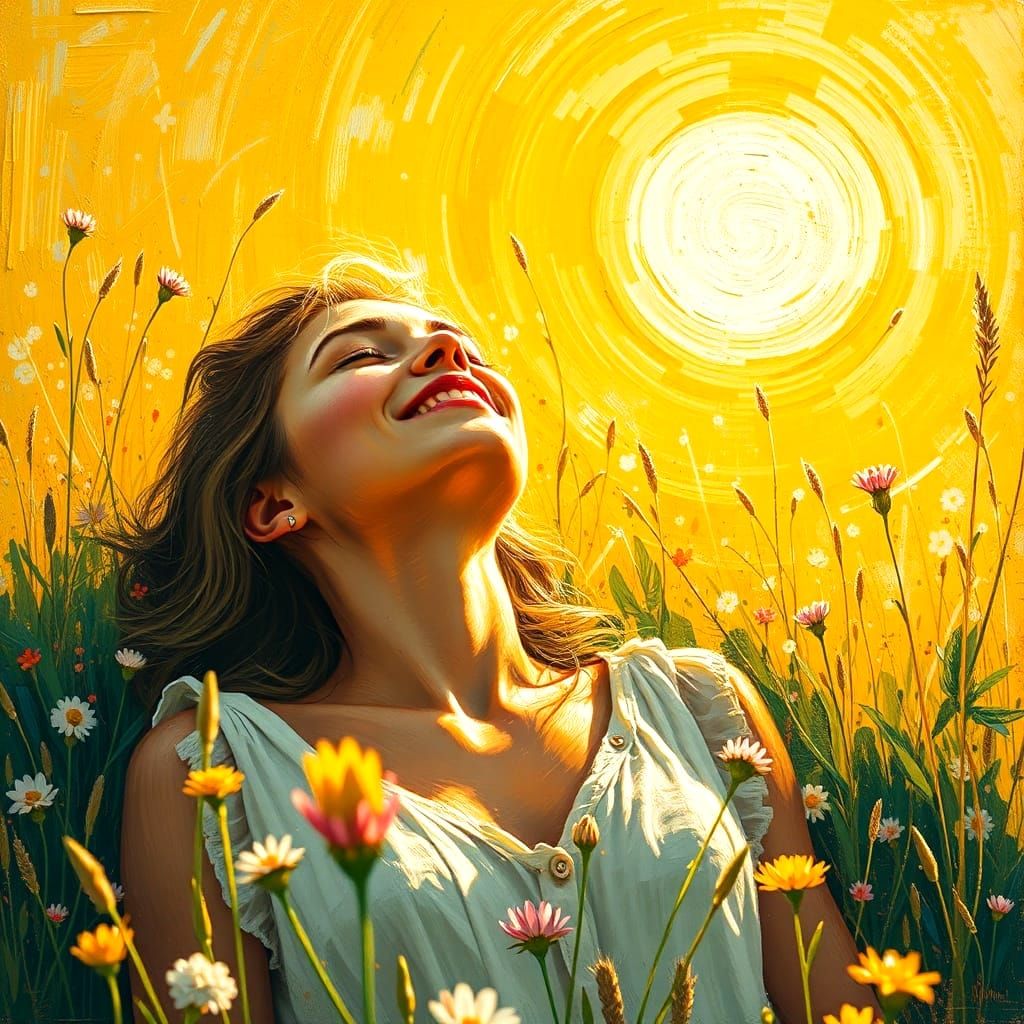 Joyful Meadow Scene in Impasto Oil Painting Style