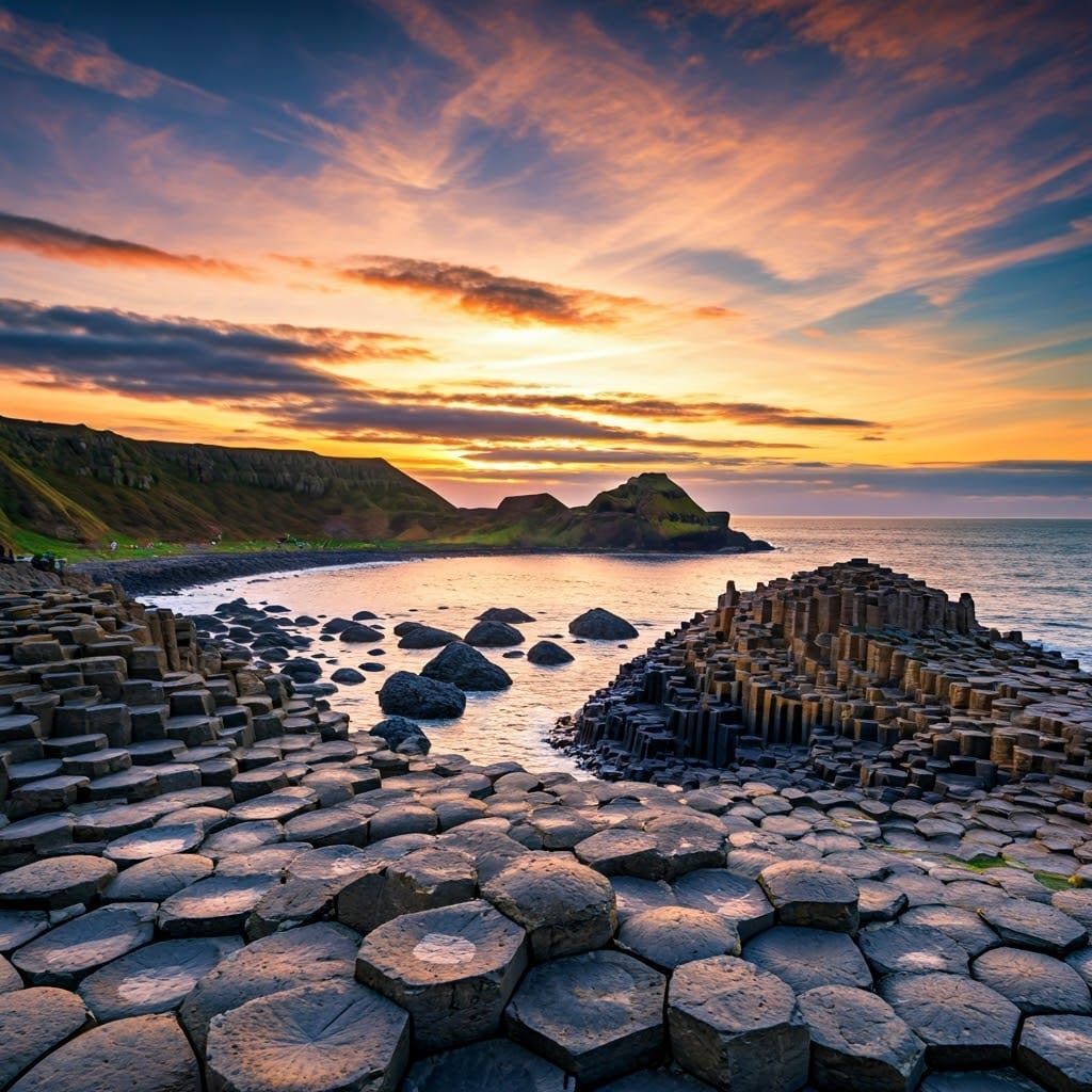 Giant's Causeway Sunset: Aerial View of Basalt Columns