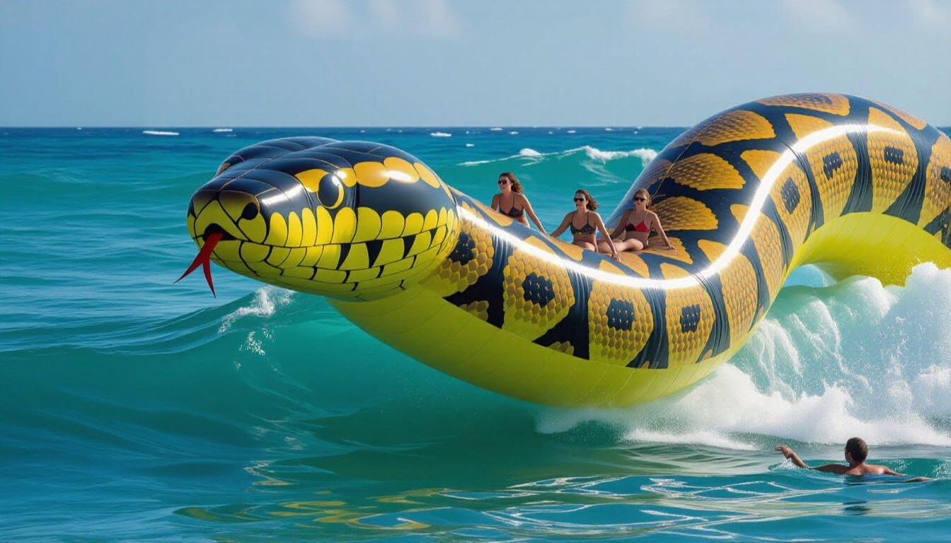 Giant Inflatable Snake Surfing a Tropical Wave