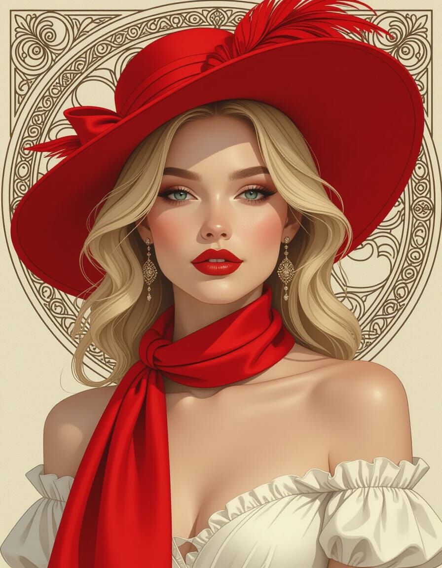 Woman in Red Hat, Art Nouveau Portrait