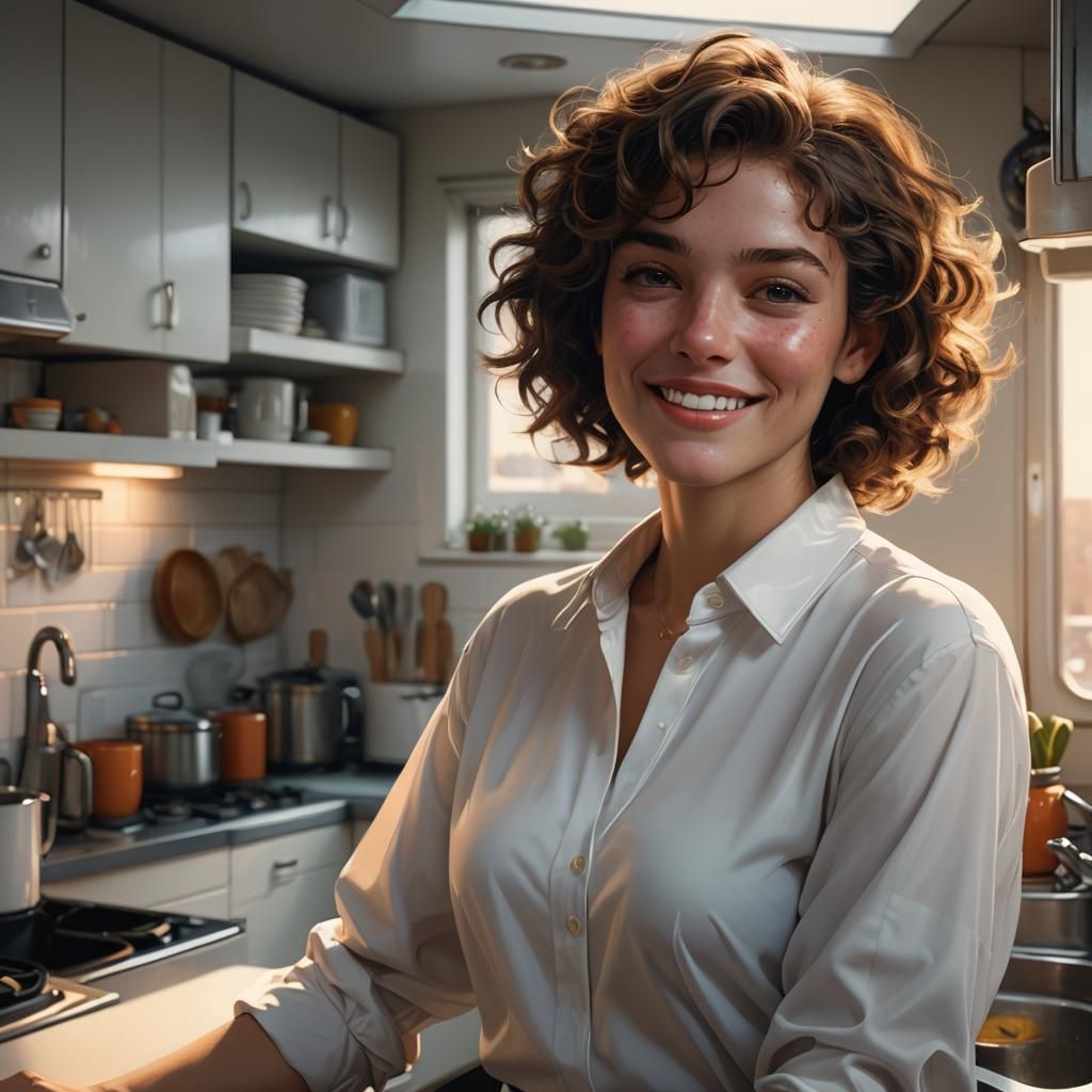 Woman with Curly Hair Smiling in Kitchen