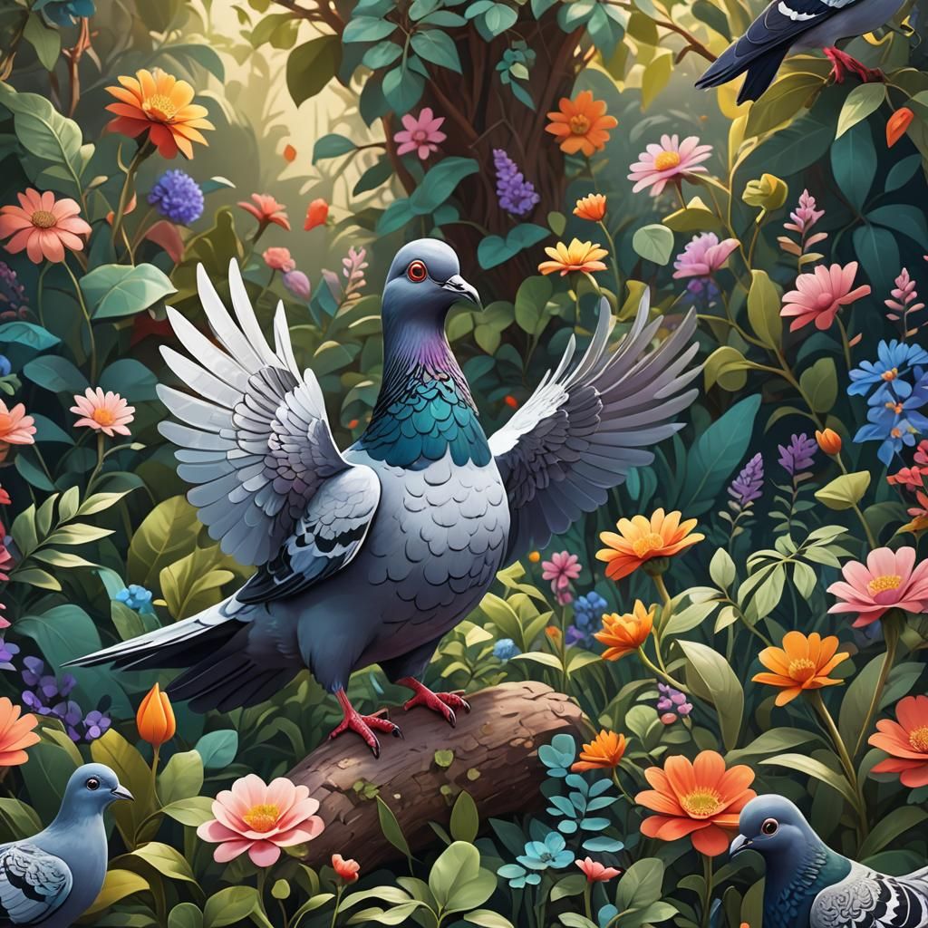 Cartoon Pigeon Doing Yoga in Whimsical Garden
