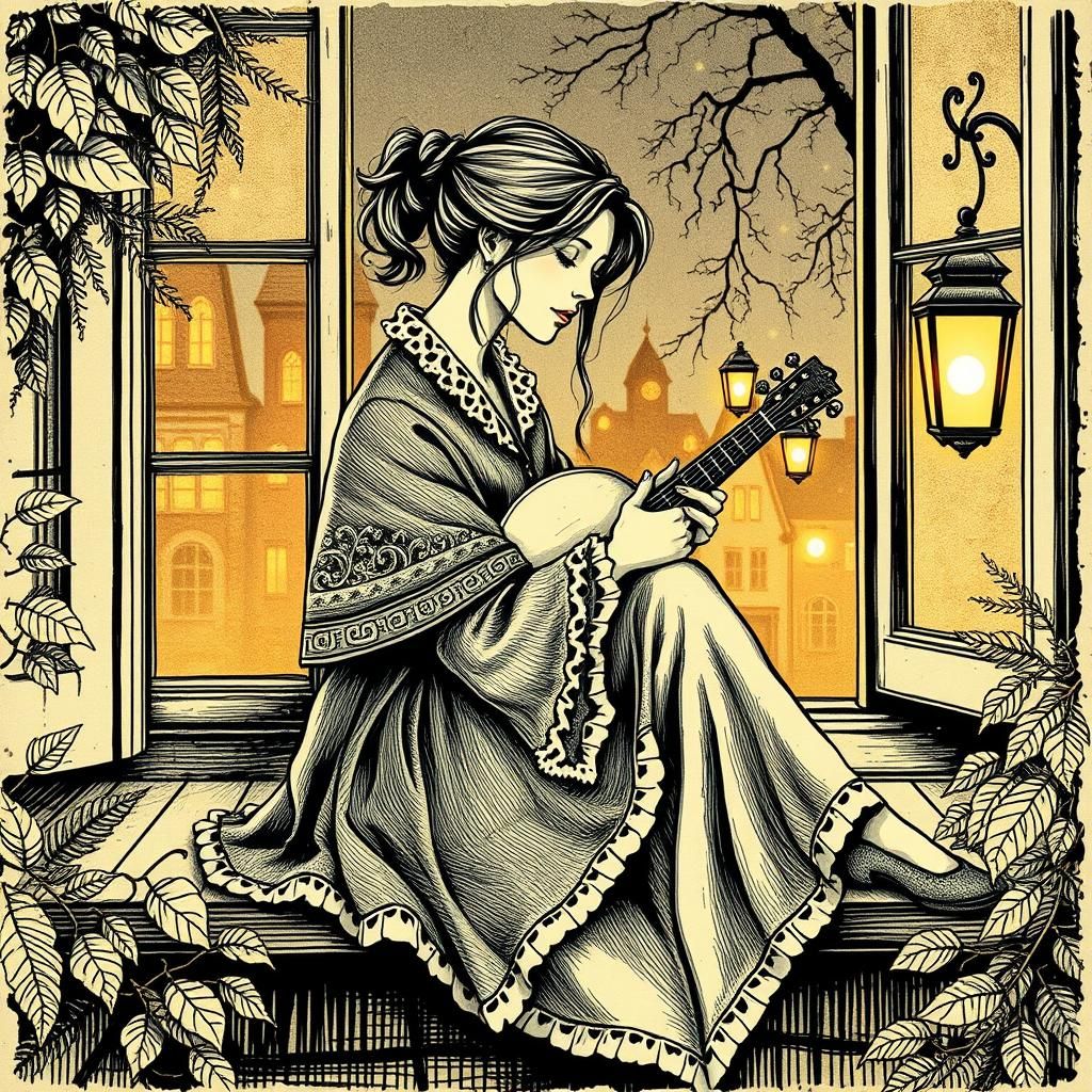 Victorian Troubadour in Pen and Ink Autumn Scene