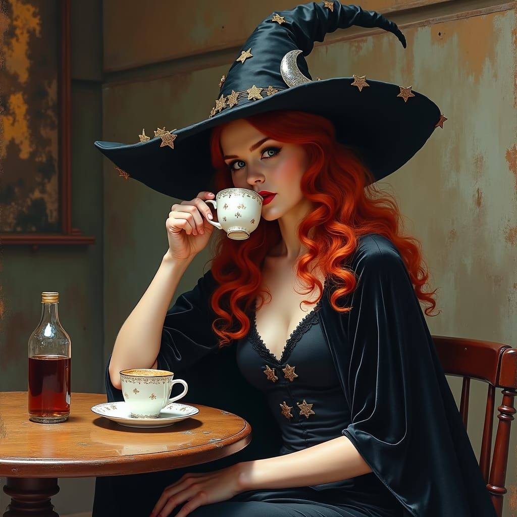 Mystical Redhead in Medieval Coffeehouse, Digital Art