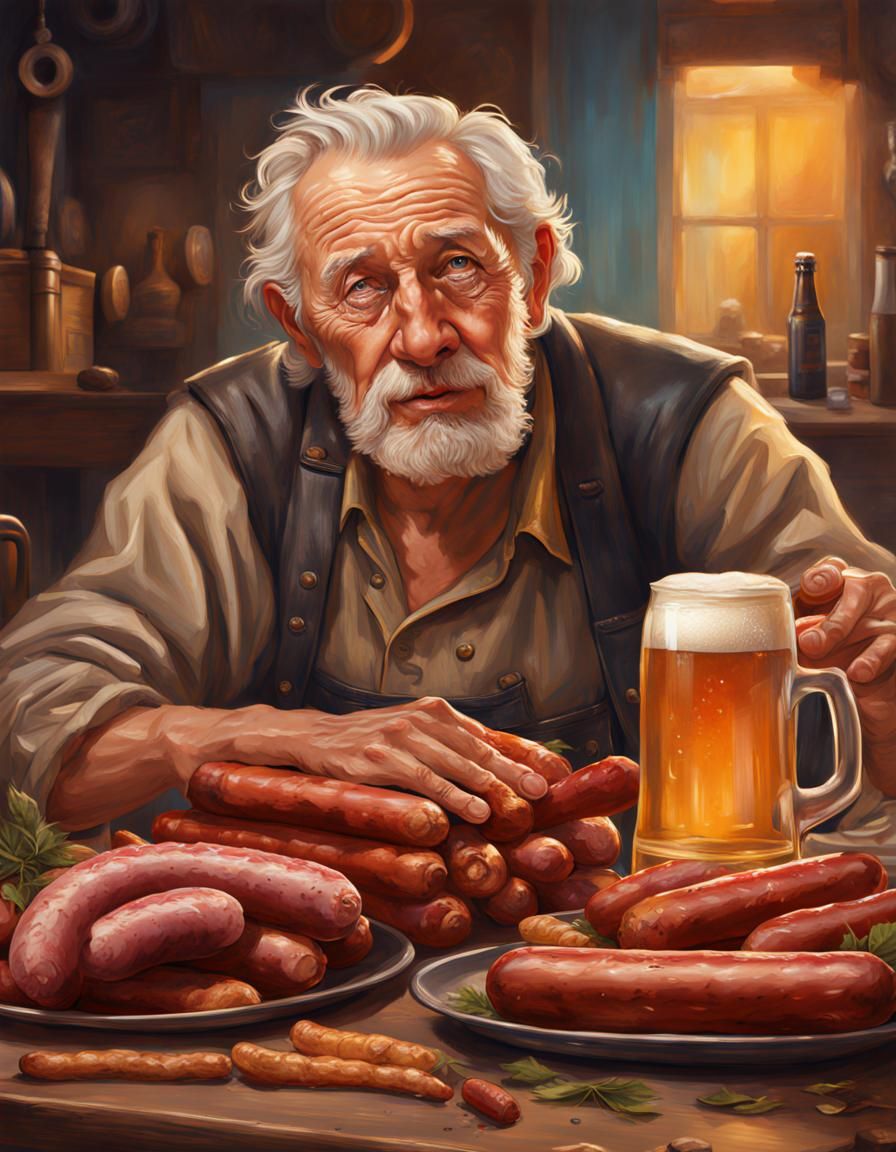 Hyperrealistic German Man with Beer and Sausages