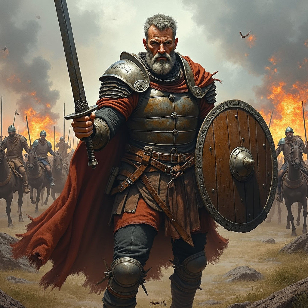 Battle-Hardened Warrior in a Medieval Battle, as Matte Paint...