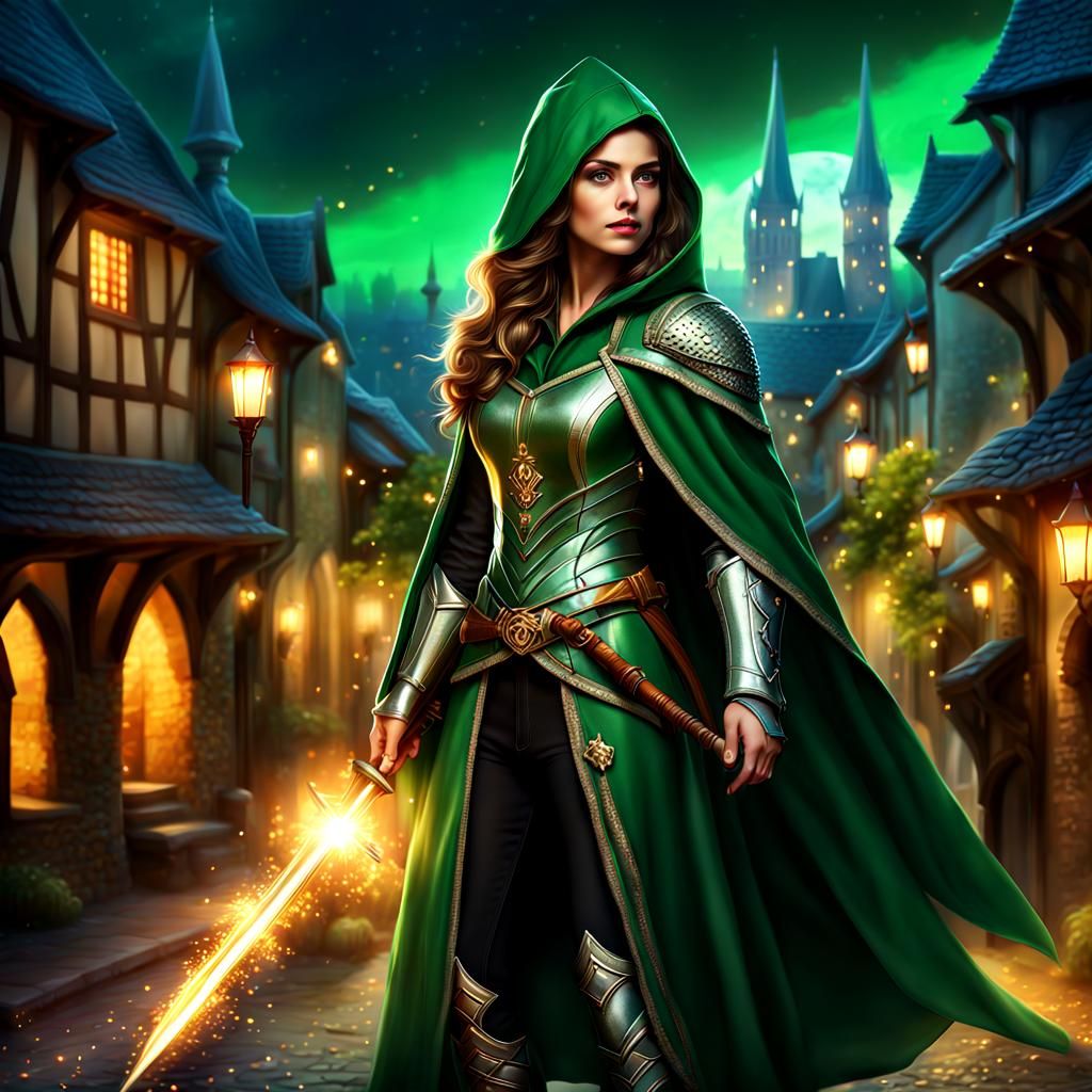 Green Knight Woman in Medieval Cityscape