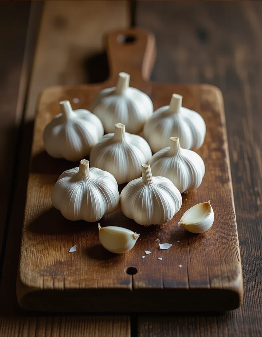 Garlic Cloves on Wood in Cinematic Style