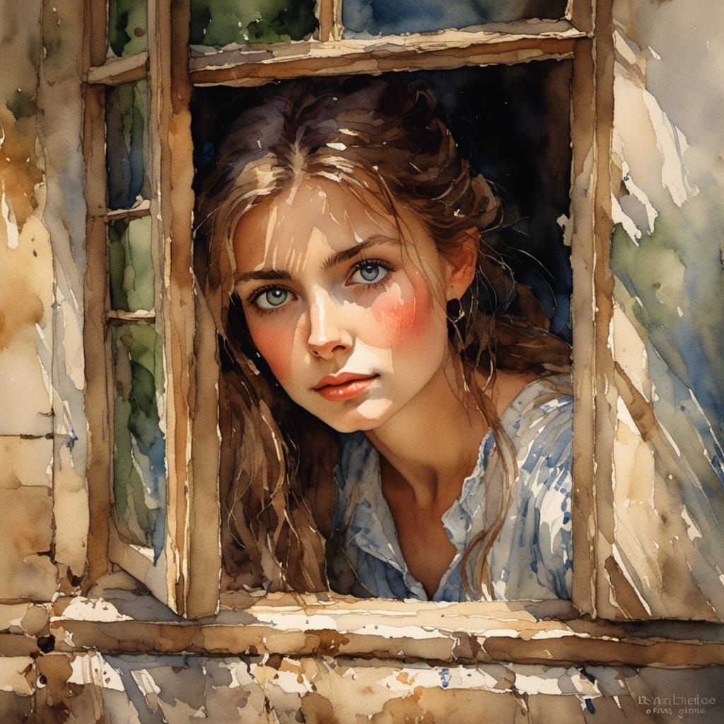 Young Woman with Large Eyes Through Antique Window