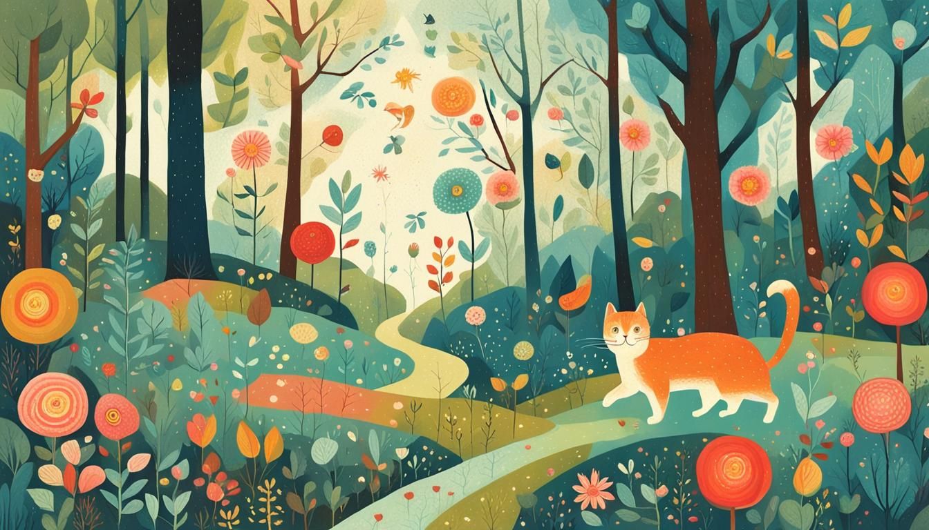 Whimsical Forest Scene with Walking Cat