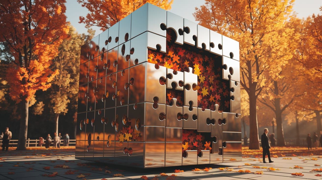 Stainless Steel Cube Sculpture in Autumn Park