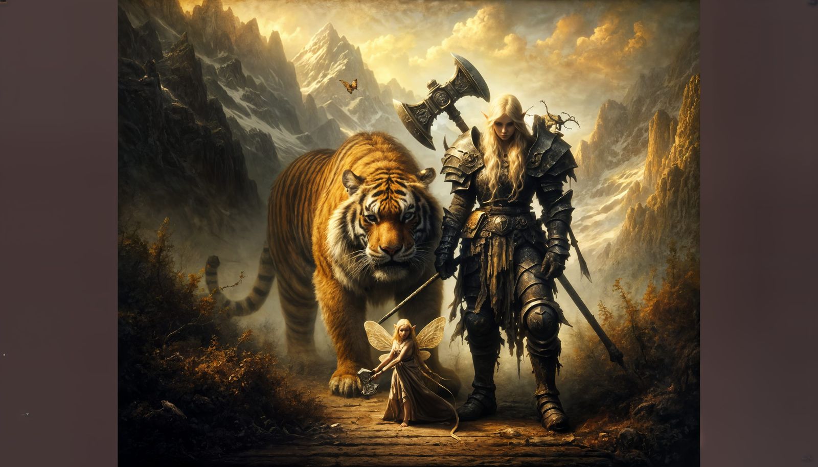 Surreal Scene of a Warrior Elf with Tiger and Fairy in Golde...