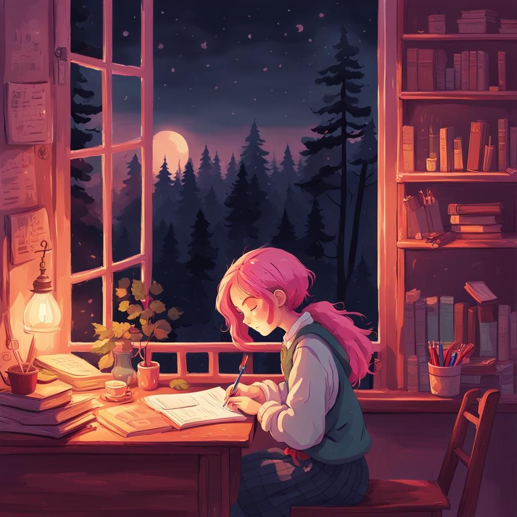 Lo-fi Pink Haired Girl Writing at Desk