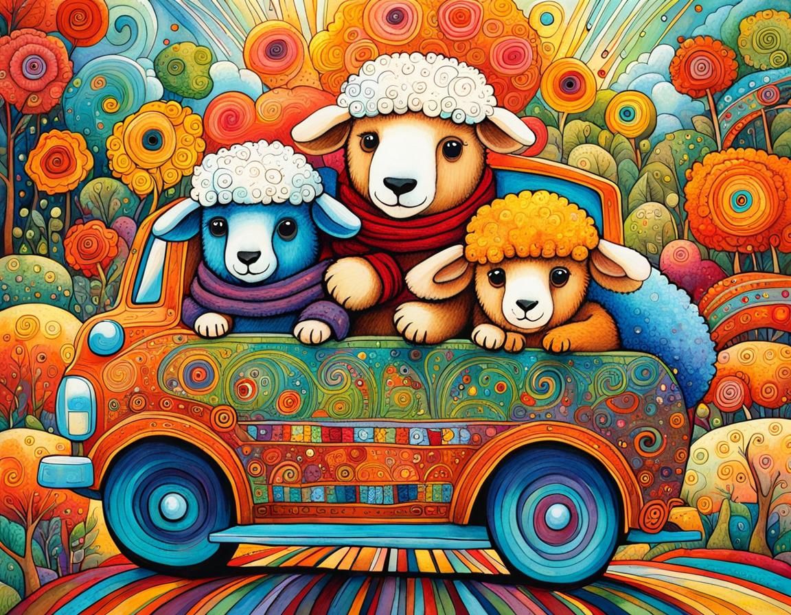 Teddy Bear and Sheep Tandem Ride: Art Brut Illustration