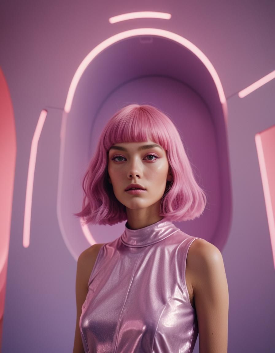 Neon Pink Bob: Editorial Model in Lilac Spacescape