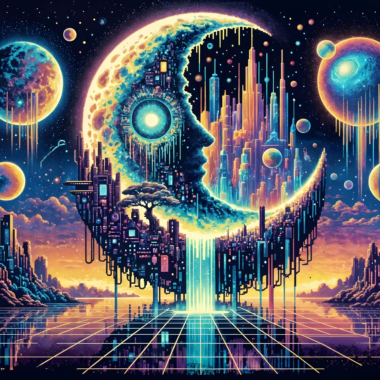 Pixel Art Crescent Moon with Neon Glitch Effects