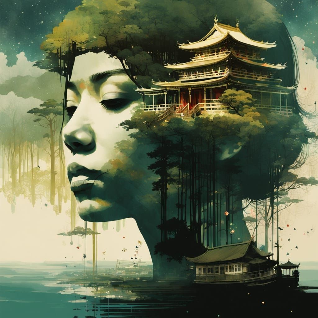 Galaxy Drips into Japanese Temple with Princess Silhouette