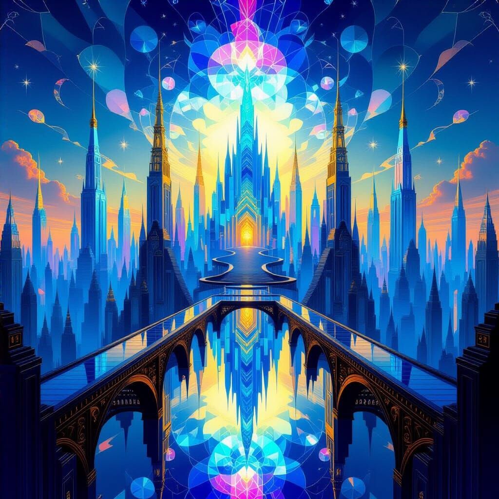 Mirrored Mandala Cityscape with Fractal Patterns