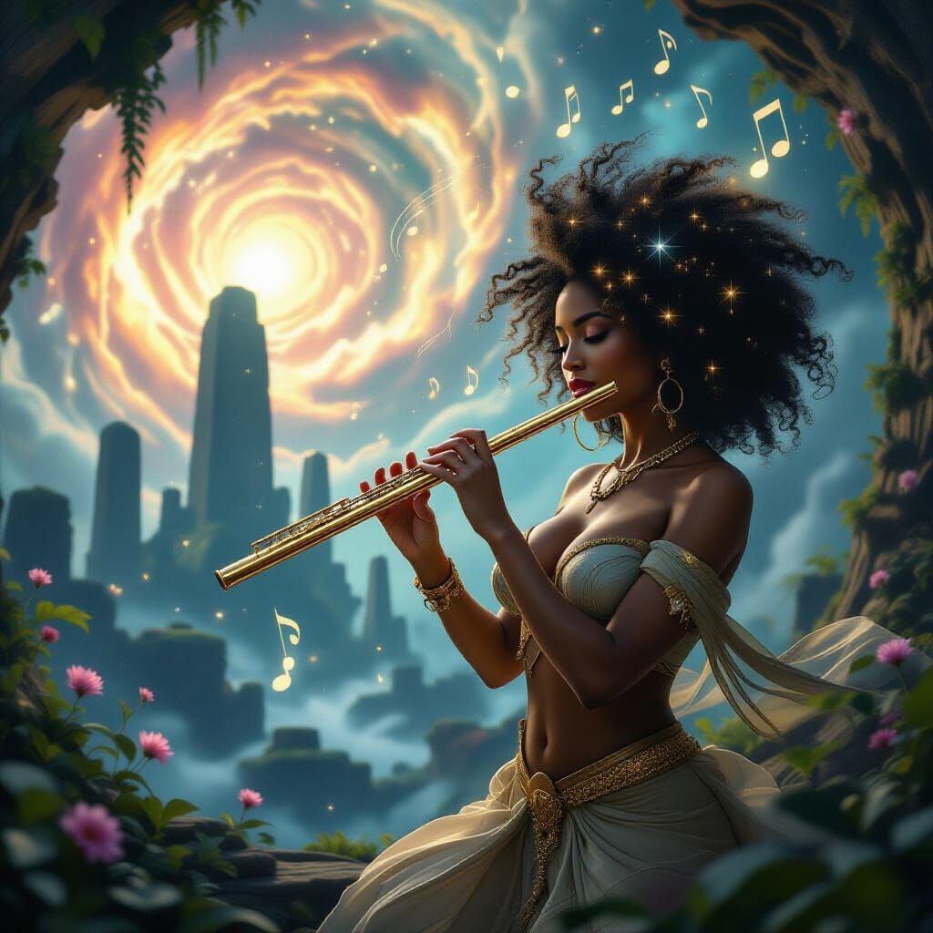 Afro-Futurist Woman Plays Cosmic Flute in Alien City