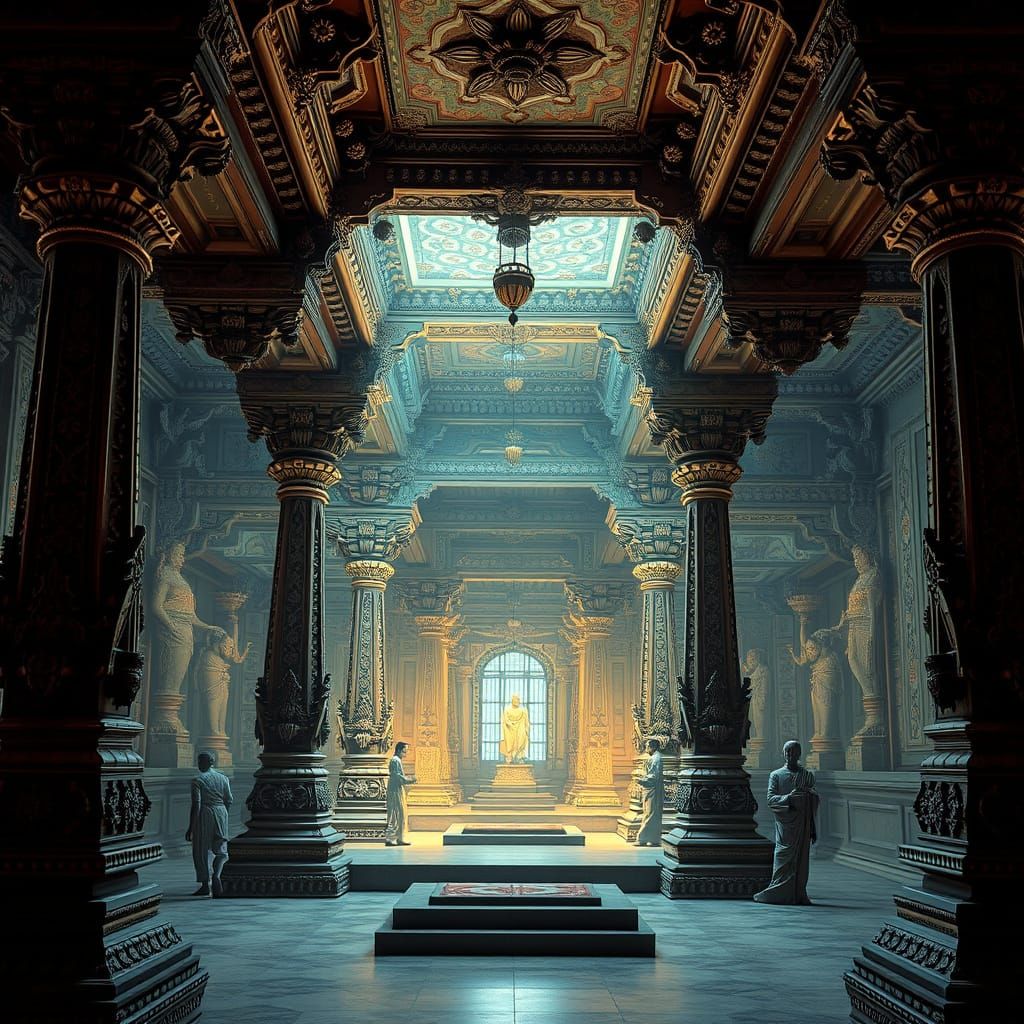 Ornate Ancient Indian Temple Interior with Intricate Carving...