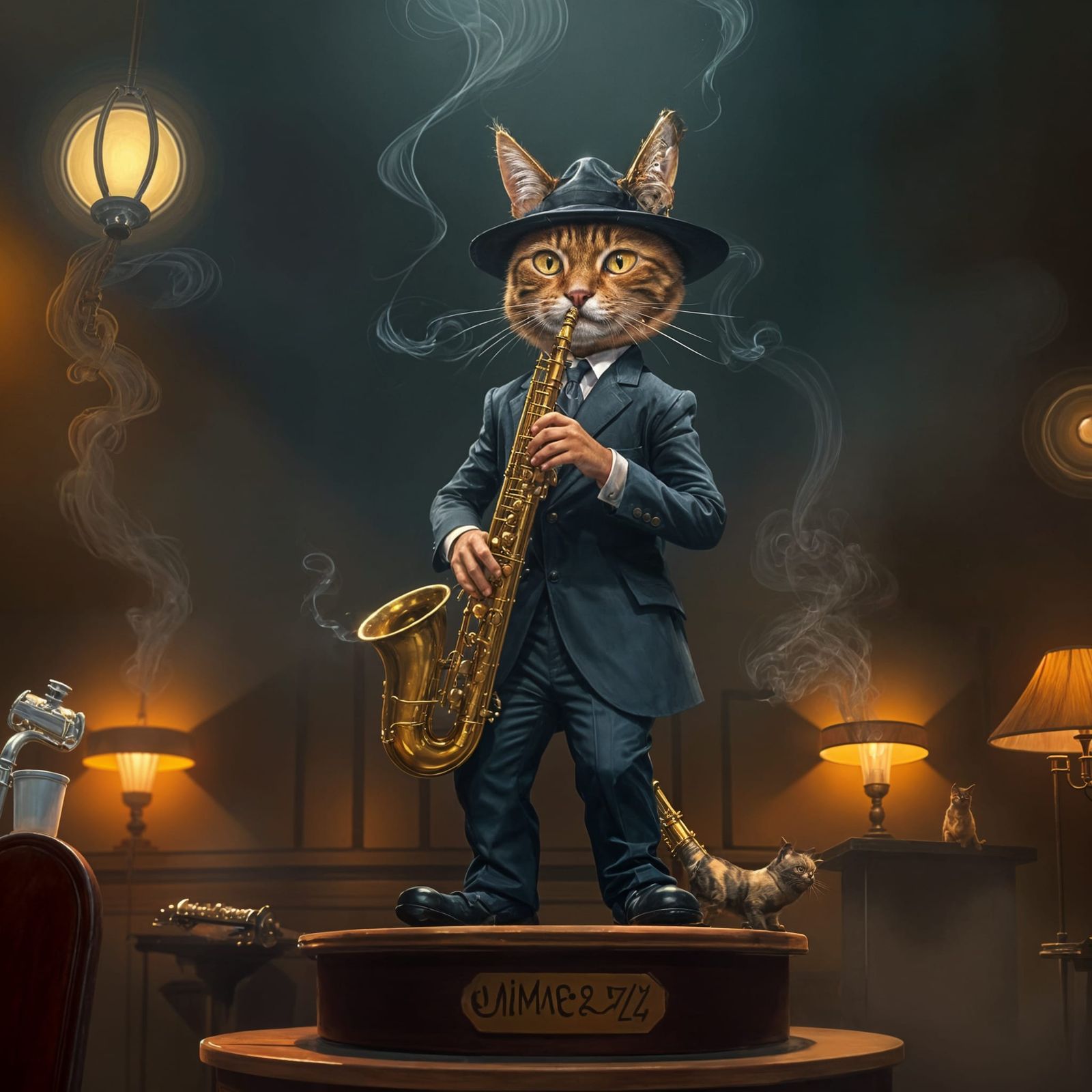 Cat Saxophonist in Smoky Jazz Club: Digital Art