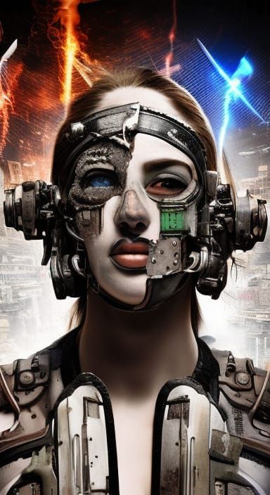 Punk Cyborg Girl with Kiss Makeup in Cyberpunk Style