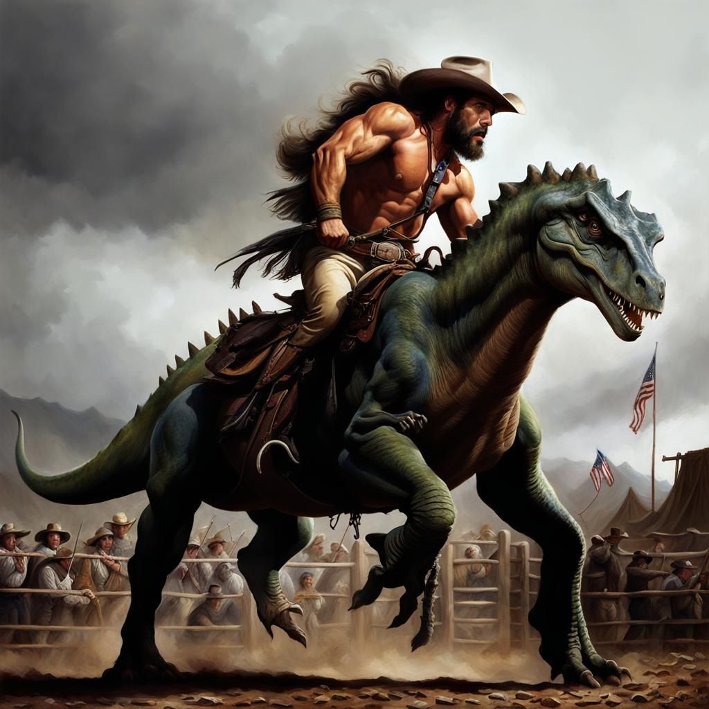 Caveman Cowboy Rides Dinosaur: Hyperrealistic Impasto Painti...