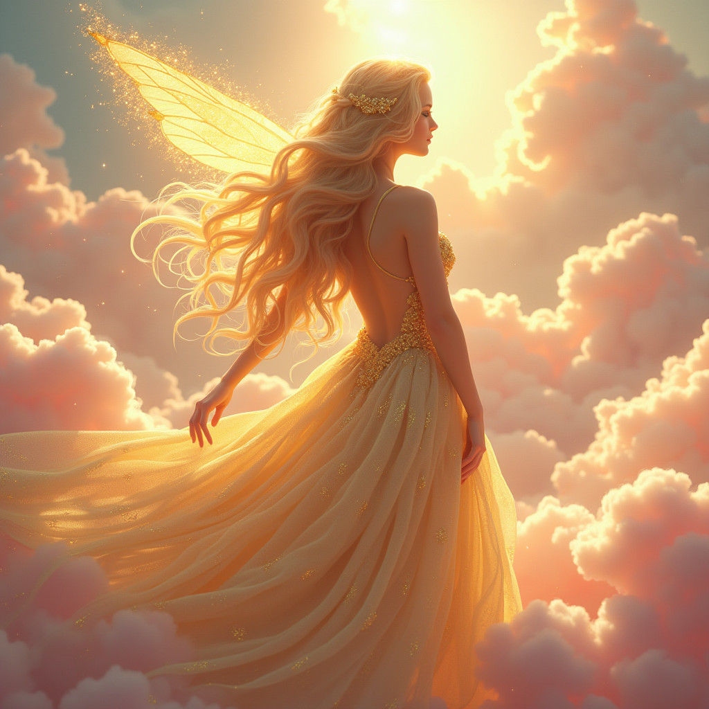 Golden Fairy in Dreamy Aurora Landscape