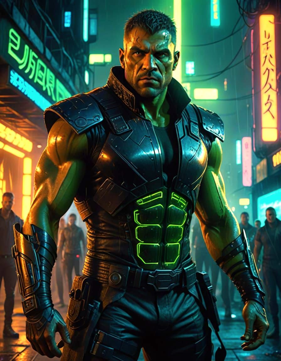 Half-Orc Fighter in Neon Cyberpunk Battleground