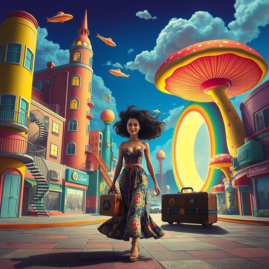 Surreal Retro-Futuristic Cityscape with Psychedelic Woman