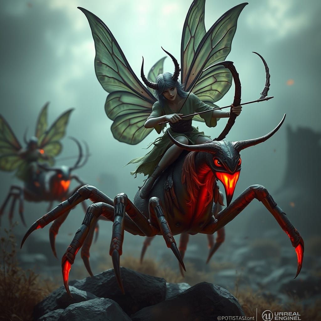 Dark Fantasy Fairies Ride an Enchanted Centipede