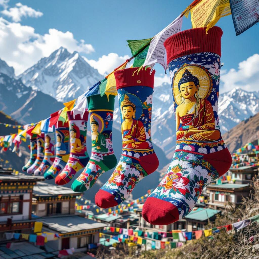 Vibrant Buddha Socks on Prayer Flags in Hyperrealistic Style