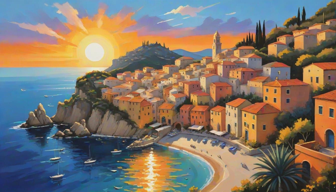 Vibrant Mediterranean Sunset Village in Abstract Art