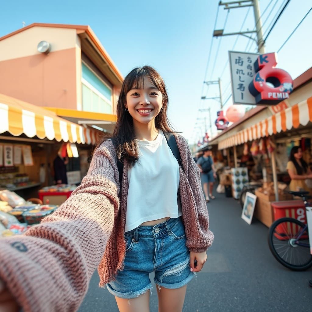 Cheerful Japanese Teenager Selfie in Outdoor Market