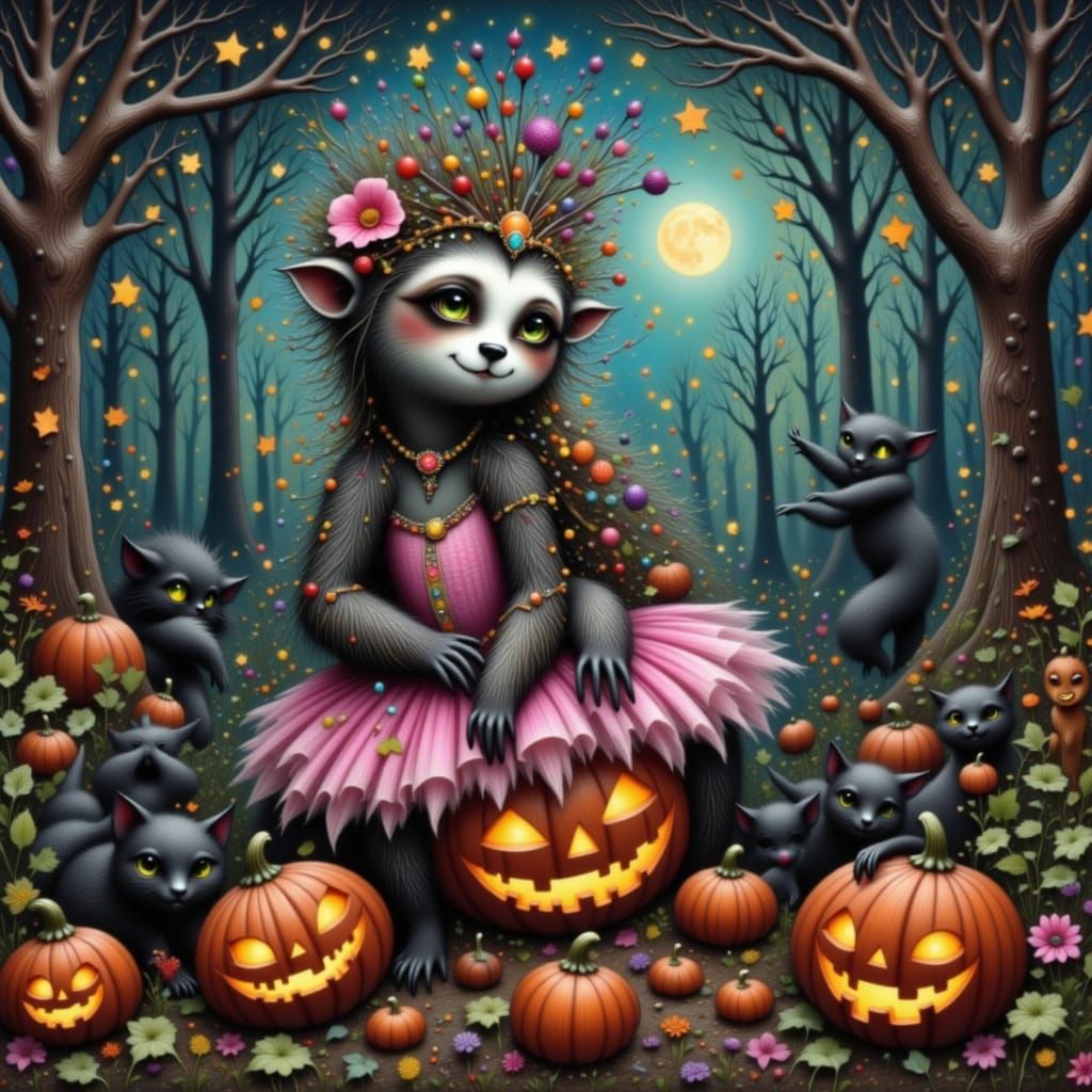Whimsical Sloth in Masquerade Mask Among Glowing Pumpkins