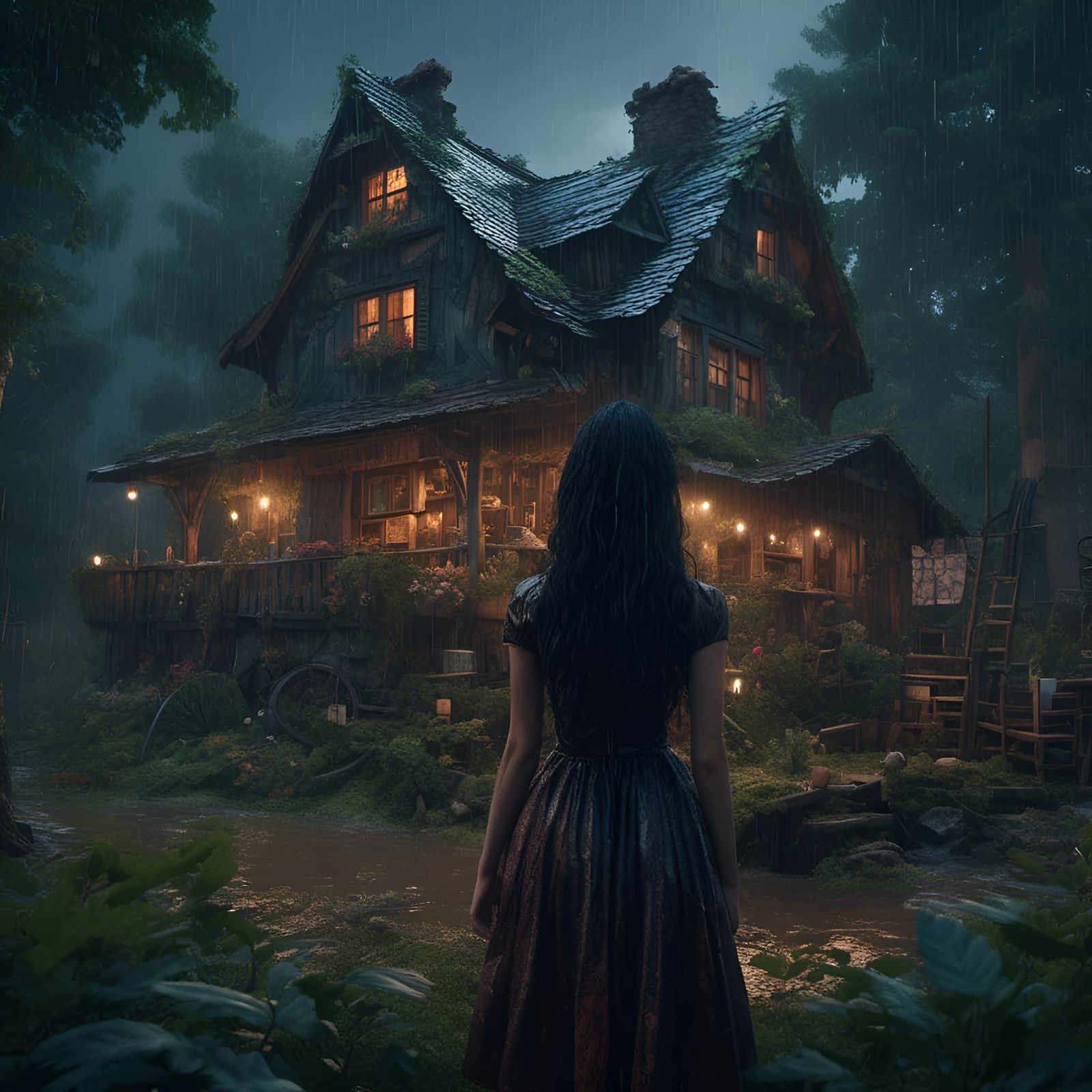 Rainy Forest Cottage with Woman: Hyperreal Art