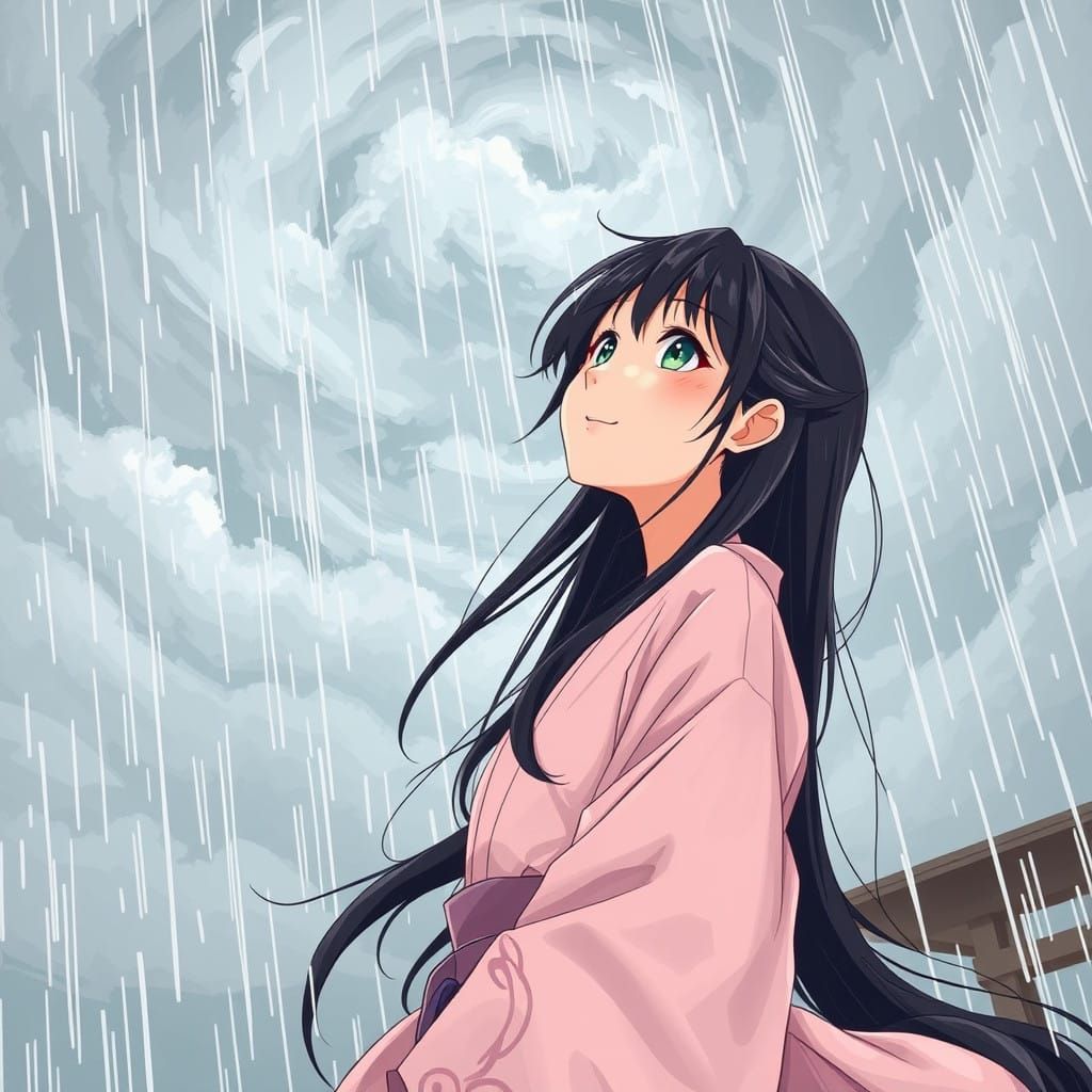 Girl in Elegant Kimono, Serene Amidst Whimsical Storm