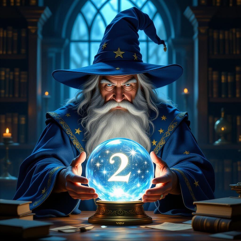 Wizard Gazes into Crystal Ball Revealing Number Two