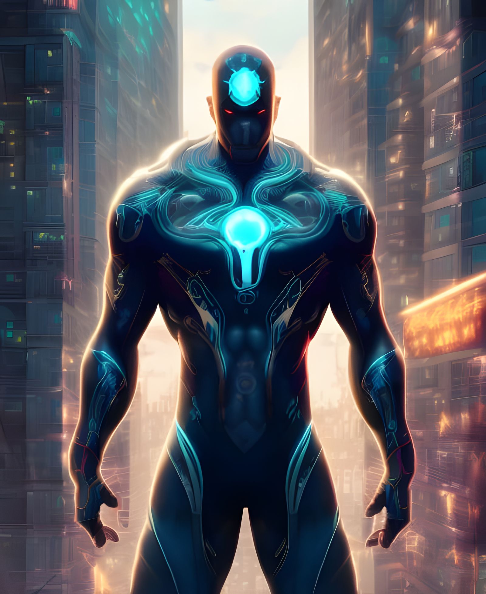 Futuristic Tech Superhero in Cityscape Digital Painting